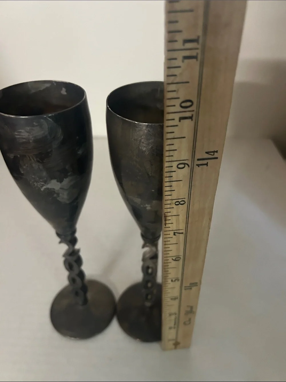 Vintage Pair of Metal Goblets with Twisted Stem - Dark Silver. Godinger